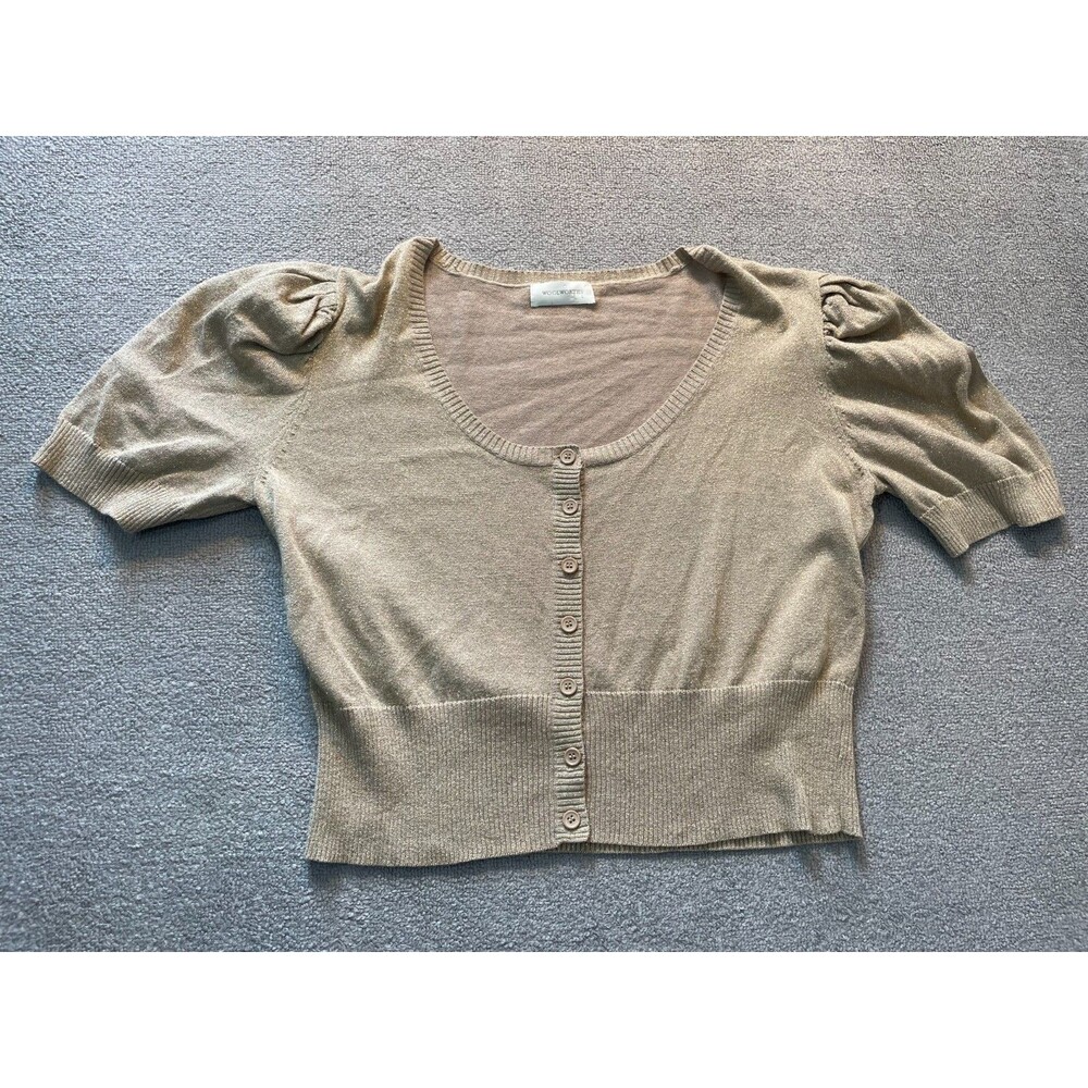 Wool Worth Womens Large L Button Up Shirt short sleeve Gold Mettalic Shiney